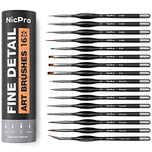 Nicpro 16 PCS Miniature Paint Brushes, Fine Tip Micro Model Detail Paint Brush Set for Acrylic Watercolor Oil, Paint by Number, Models, Miniatures, Craft, Rock Painting - with Container - style: 16 Pack (Detail)