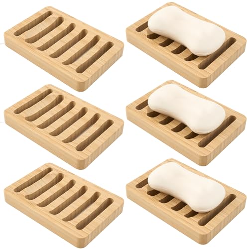 6 Pack Bamboo Soap Dish, Bar Soap Holder Self Draining Soap Dish Natural Bamboo Soap Holder Waterproof Anti-Slip Wooden Soap Dishes for Bar Soap Saver Tray for Shower Bathroom Kitchen Sink Bathtub