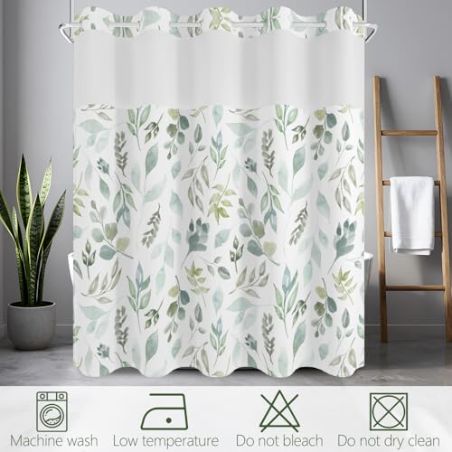 No Hook Shower Curtain with Snap in Fabric Liner Set, Waterproof & Washable, Boho Green Botanical Leaf Floral Shower Curtains for Bathroom, Rustic Modern Hotel Style Plant Bathroom Curtain, 71x74 inch - color: Green Foliage