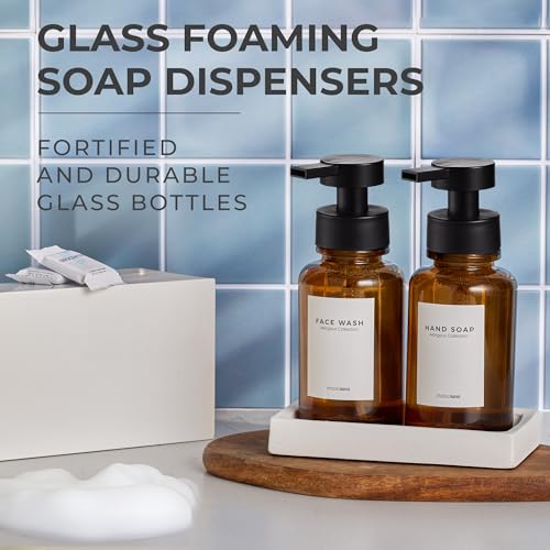 MaisoNovo Glass Foaming Soap Dispenser 14 Oz | Glass Bottles Pumps x 2 Amber with Tray - color: Amber Bottles/Black Plastic Pumps/Ceramic Tray