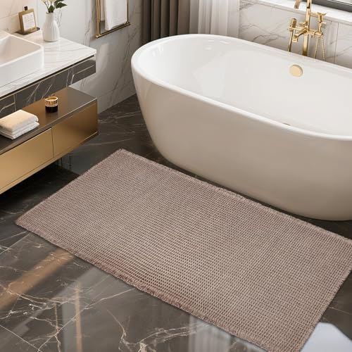 ZALL Tan Waffle Bath Mat,Super Absorbent Non Slip Bathroom Rug,Brown 24x48inch,Machine Washable Ultra Soft Floor Mats - color: Brown, size: 24 x 48 inches(Rectangular)