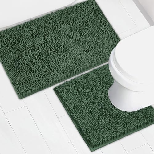 Bathroom Rugs Chenille Bath mat 2 Piece Set, Super Absorbent, Strong PVC Non Slip Backing, Bath mats for Bathroom, Plush Shaggy, Thick, Machine Washable, Bathtub, Toilet.(Bronze Green) - color: Deep Green, size: 20''×20''U-Shape+20''×32''