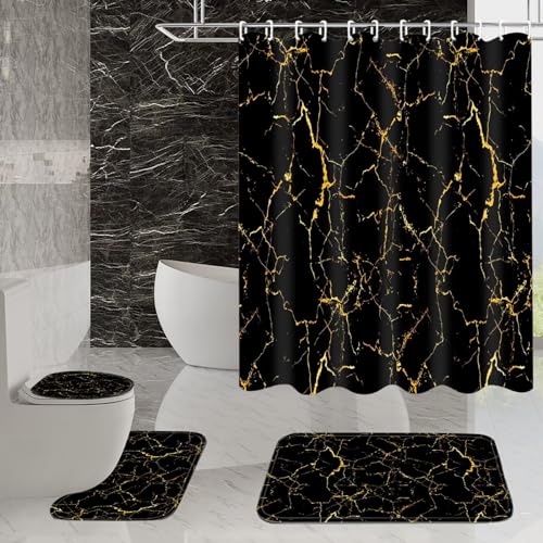 AZHM 4Pcs Shower Curtain Sets Black and Gold Marble Bathroom Sets with Shower Curtain and Rugs and Accessories Luxury Bathroom Curtain Decor Sets with 12 Hooks