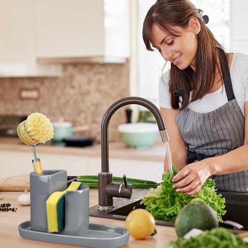 Geelin 3 in 1 Ceramic Kitchen Sink Caddy Dish Sponge Holder Scrub Brush Holder and Soap Tray for Kitchen Organizer Rustic Farmhouse Supplies (Gray) - color: Gray
