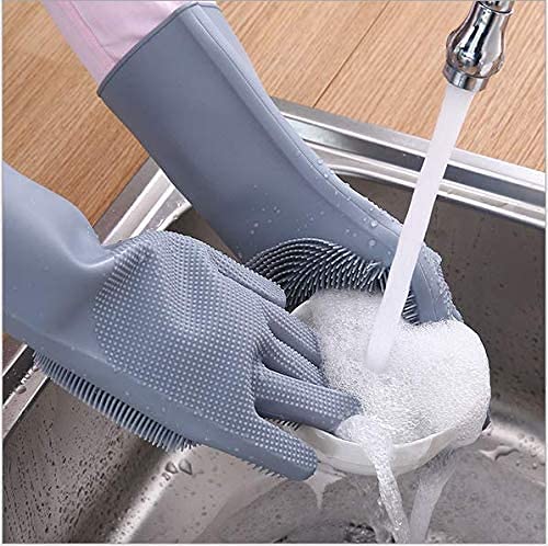 Silicone Dishwashing Gloves, Pet Grooming Rubber Scrubbing for Dishes, Sponge Wash Cleaning with Scrubbers (13.6" L) - color: Grey