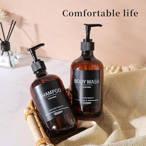 5Pack Amber Shower Bottles Refillable with Labels,16.9oz(500ml) Reusable Shampoo and Conditioner Bottles,Shampoo Dispenser Bottles - color: Amber