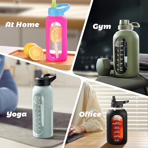 CIVAGO 24 oz Glass Water Bottle with Straw and Handle, Large Sports Motivational Water Bottle Flask with Time Marker and 2 Lids, Leakproof Jug Canteen with Silicone Sleeve for Gym, Black - color: Black, size: 24 Ounces