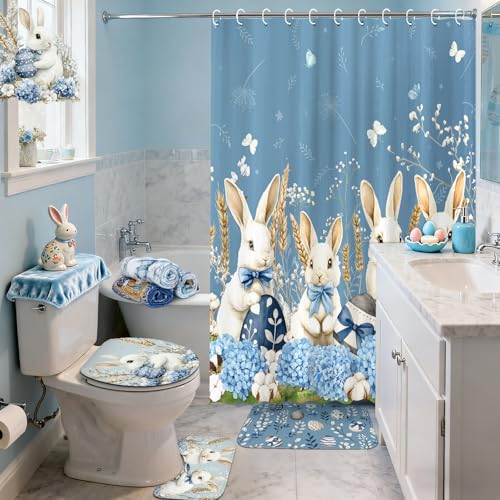 FuWeave 8 Pcs Easter Shower Curtain Set for Bathroom Decor Include Spring Floral Blue Bunny Egg Shower Curtain Hydrangea Towels Non Slip Rugs Toilet Lid Cover Bath Mat and 12 Hooks for Bathroom Decor - color: Blue Bunny