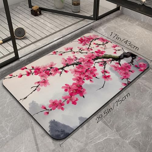 Japanese Cherry Blossoms Bathroom Rugs Mat, Super Absorbent Quick Drying Floor Mat for Bathroom Entryway 17"x30" - color: Japanese Cherry Blossoms