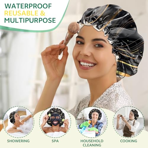 2 PCS Shower Cap Waterproof Double Layer Elastic Adjustable Reusable Hair Bath Caps for Girls Women Cute Aesthetic-Black 2 - color: G12-Black 2