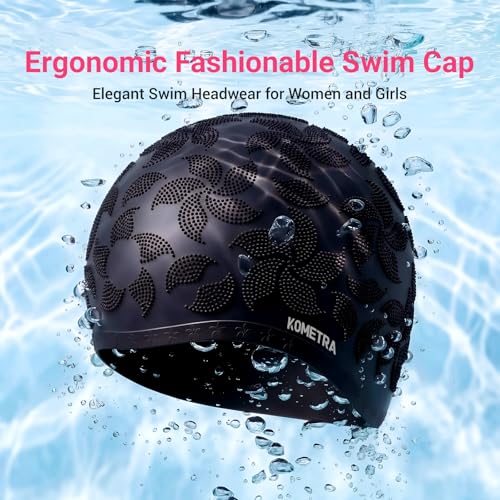 Women Swim Cap 2 Pack for Long Hair, Silicone Flower Adult Swimming Caps Waterproof for Girl Youth No Wet Hair - color: Black & Black