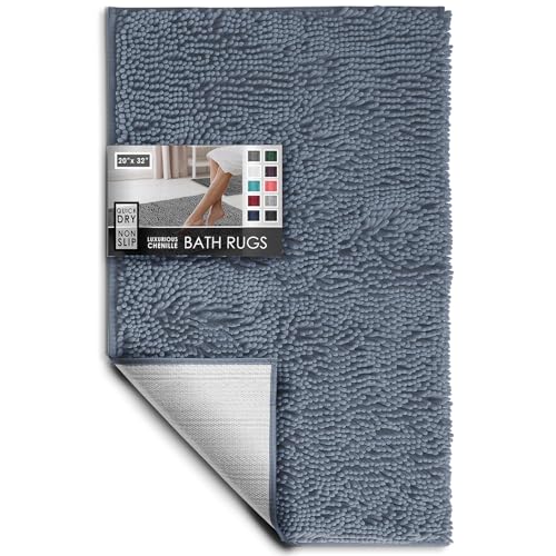 Hearth & Harbor Bathroom Rugs, Chenille Bath Mat - Machine Washable Bath Mats for Bathroom Non-Slip Backing Rubber, Quick Dry Bathroom Mat, 20 x 32 - Stone Blue - color: Stone Blue, style: 20 x 32