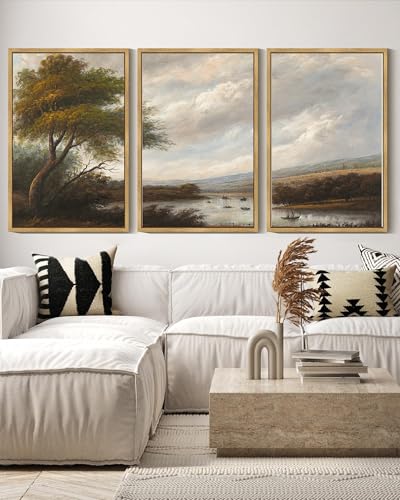 SHENIFY Vintage Landscape Framed Wall Art Riverside Scenery Farmhouse Decor Retro Boat Travel Painting for Hallway Living Room Bedroom Dining Room - 16x24in3pcs Natural Framed - color: Natural, size: 24L" x 16W" x 3PCS