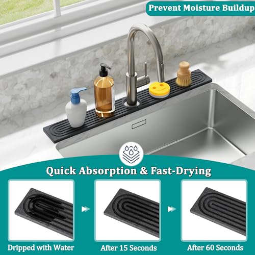 Stone Faucet Mat for Kitchen Sink - Quick Dry Diatomite Sink Splash Guard, Prevents Moisture Buildup & Water Stains, Water Absorbing Stone Tray for Bathroom Countertop (Dark Gray, 23.6" x 4") - color: Dark Gray, size: 23.6" x 4"