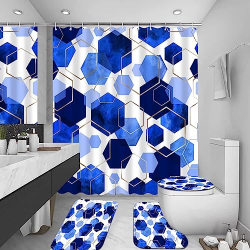 LQCOOL Blue Bathroom Curtain Set, 4Pcs Modern Art Geometric Shower Curtain with 12 Hooks, Waterproof, Blackout, 70.8' L x 70.8' W - color: Blue
