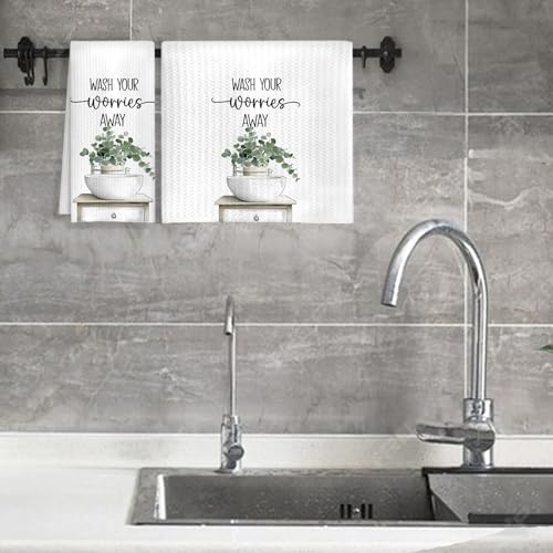 Vintage Eucalyptus Bathroom Decor Hand Towels, Wash Your Worries Away Sage Green Eucalyptus Leaves Hand Towels for Bathroom Washroom Restroom Toilet Decor, 16x24 Inches - color: Wash Bathroom B