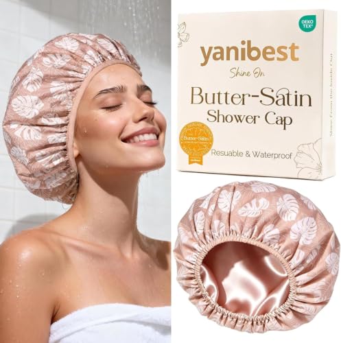 Yanibest Shower Cap for Women - Frizz Free Satin Lined Shower Cap Waterproof Large Double Layer Reusable with Soft Elastic Band for Braids Long Hair - color: Pink