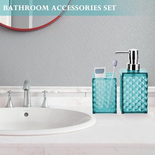 Bathroom Accessories Set 2 PCS, Teal Blue Bathroom Accessories Include Soap Dispenser and Toothbrush Holder, Diamond Pattern Bathroom Set for Boho Bathroom Decor - color: Teal Blue