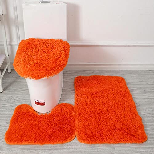 Soft Bathroom Carpet 3 Piece Bathroom Rugs and Mats Set Bath Mats Set with U-Shaped Toilet Floor Mat Rugs andToilet Lid Cover Mat (Orange) - color: Orange