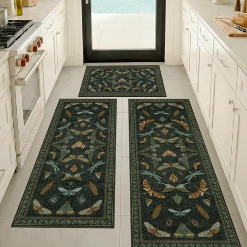 JTJ Botanical Insect Kitchen Rug Set of 3, Dark Green Nature Inspired Floor Mats with Non-Slip Backing, Washable Low Pile Runner for Sink and Stove - color: Insect - Dark Green