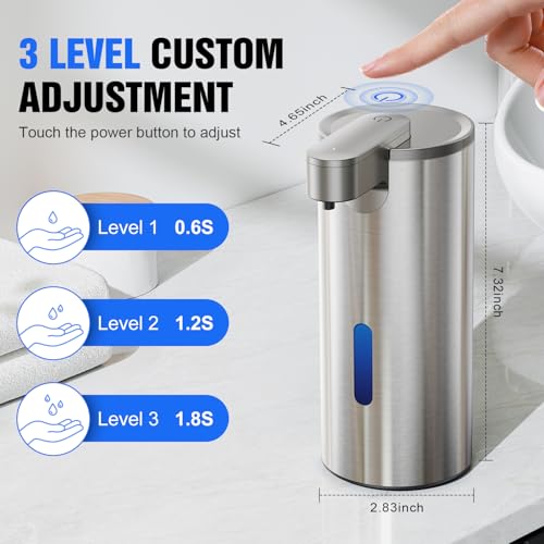 Fantictas Automatic Soap Dispenser Touchless, Stainless Steel 11.5 oz Liquid Hand Soap Dispenser, USB-C Rechargeable Sensor Pump with 3 Adjustable Levels for Kitchen & Bathroom - color: Stainless Steel, style: Gel