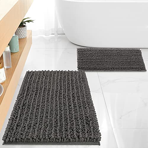 FLOLEOPA Luxury Chenille Charcoal Grey Bathroom Rugs Bath Mats Sets, Extra Soft and Absorbent Bathroom Rugs Non Skid Machine Wash Dry Bath Mats（32"x20" Plus 17"x24"） - color: Charcoal Grey, size: 32"x20" Plus 17"x24"