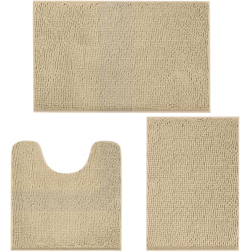 LINLA 3 Pieces Bathroom Rug Set, Absorbent Non Slip Chenille Bath mat, Thick Plush Chenille Carpet Mats Set,Washable Dry Quickly with U-Shaped Toilet Mat for Tub, Shower（Beige） - color: Beige