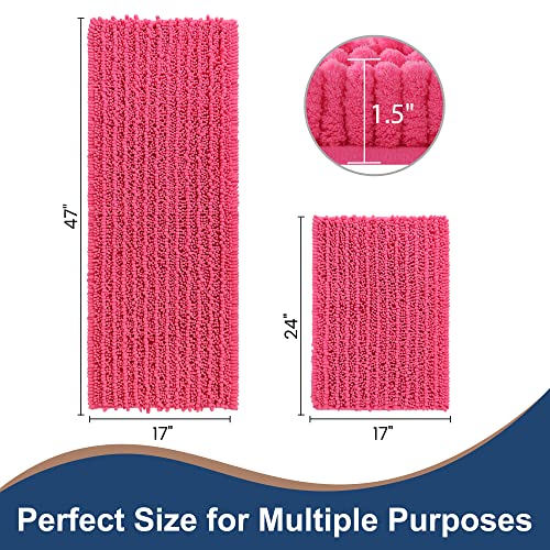 FLOLEOPA Luxury Chenille Hot Pink Bathroom Rugs Bath Mats Sets, Extra Soft and Absorbent Bathroom Rugs Non Skid Machine Wash Dry Bath Mats（47"x17" Plus 17"x24"） - color: Hot Pink, size: 47"x17" Plus 17"x24"