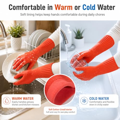 ThxToms Dishwashing Gloves, 2 Pairs Fleece Lined Rubber Dish Gloves for Washing Dishes, Waterproof Reusable Kitchen Cleaning, Long Cuff Anti Slip,Large - size: Large (Pack of 4)