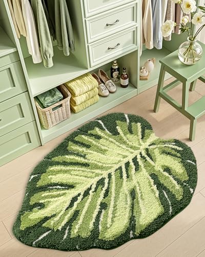 DEXI Leaf Bathroom Rugs Monstera, 31.5x23.5 Soft Fluffy Cute Bath Mat with Non Slip Backing, Washable Absorbent Bath Rug Quick Dry for Shower Floor, Toilet, Bedroom, Kids Room, Green - color: Ample Monstera