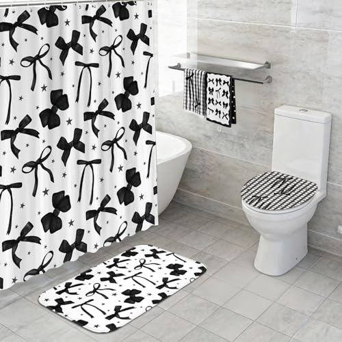 FuWeave 8 Pcs Black Shower Curtain Set Aesthetic Bow Knot Bathroom Decor Pretty Coquette Waterproof Shower Curtain Modern Minimalist Towels Non Slip Rug Toilet Lid Cover Bath Mat with 12 Hooks - color: Black Bow