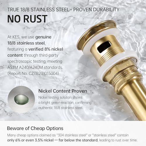 KES Vessel Sink Drain Pop Up Drain with Overflow Bathroom Stopper Assembly Brushed Gold for 1.6"-1.9" Sink Hole, All Metal Rustproof Brass and 304 Stainless Steel, S2008A-BZ - color: Brushed Gold, style: With Overflow, 1 Pack