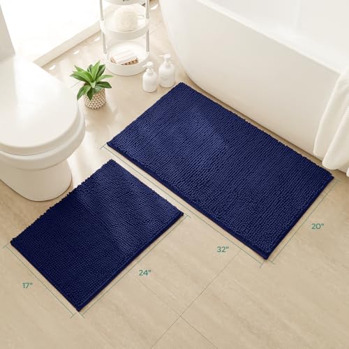 HOMEIDEAS 2 Pieces Bathroom Rugs, Non Slip Absorbent Chenille Toilet Bath Mat Set (Navy Blue) - color: Blue-navy Blue, size: 1'5" x 2'8" (Rectangular 20"x32"+17"x24")