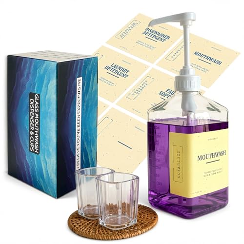 eBun White Mouthwash Dispenser Set, 37oz Glass Bottle with Pump & Cups | Large capacity pump dispenser for bathroom. Includes glass mouth wash bottle & matching cups for stylish daily oral care - color: White