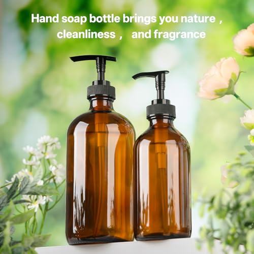 Vitreaux Amber Glass Soap Dispenser 8oz, 3 Pack with Leak-Proof Pump, Refillable Small Glass Bottles for Hand Soap, Lotion, Shampoo & Dish Soap, Includes Protective Black Caps & Easy-Pour Funnel