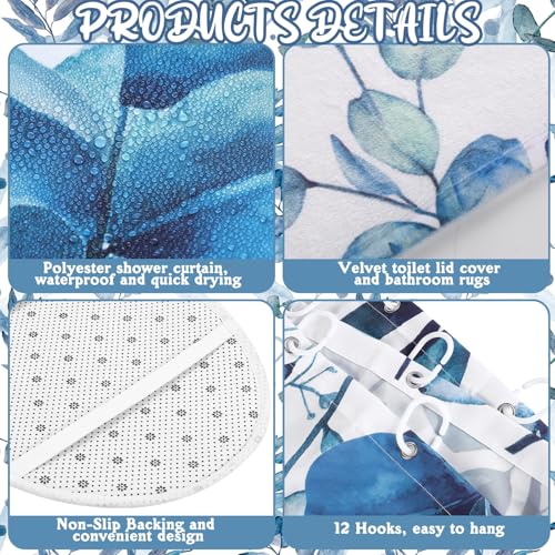 Tatuo 8 Pcs Blue Eucalyptus Shower Curtain Set Blue Eucalyptus Theme Bathroom Accessories Sets Decor Nautical Coastal Waterproof Shower Curtain with Towels Carpet Bath Mat Toilet Rugs and 12 Hooks - style: Blue Eucalyptus