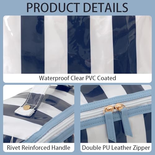 DYSHAYEN Stripe Travel Makeup Bag with Compartments Clear Coated Cosmetic Bag for Women, Waterproof Portable Open Flat Toiletry bag （White-Navy） - color: White-Navy