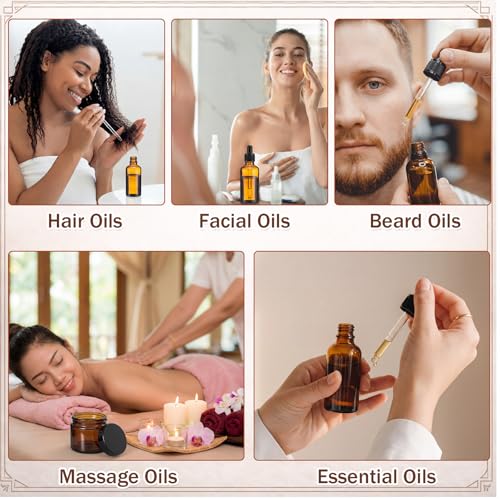 48 Pcs Amber Glass Jars and Dropper Bottles Set, 2 oz Cream Jars with Black Lids 1.7 oz Amber Dropper Bottles, with Label and Mini Spatula, for Essential Oil, Lotions, Massage Oil, Spa Salon - color: Amber