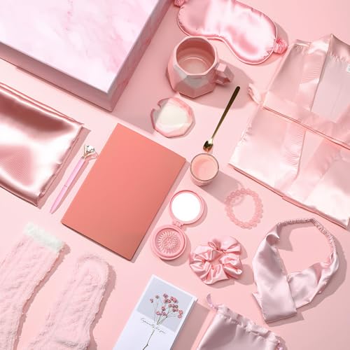 Twistover 16 Pcs Birthday Gifts for Women: Luxury Robe & Blanket Spa Gift Basket for Women -scented Candle, Mug, Notebook, Pillowcase & Spa Accessories(Pink) - color: Pink