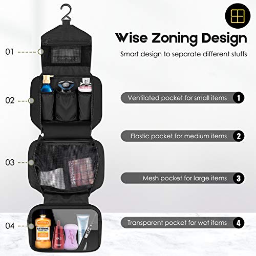 Travel Toiletry Bag for Women, Dopp Kit for Men, Waterproof Makeup Bag Shaving Bag with Hanging Hook, Portable Toiletry Organizer for Traveling and Camping - color: black