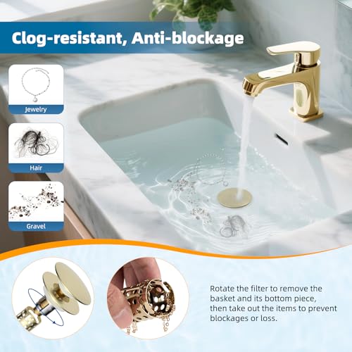Hibbent Upgraded 3 in 1 Bathroom Sink Drain Strainer, Pop Up Sink Stopper with Big Push Cap, Anti-Clogging Metal Filter Basket,Sink Plug with Hair Catcher for 1.1''~2.36'' Basin, Brushed Gold - color: Brushed Gold