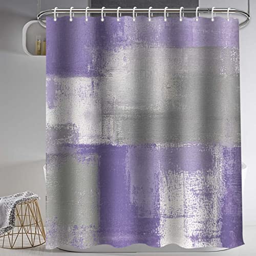 Lnond 4Pcs Purple Bathroom Shower Curtain Sets with Rugs, Purple and Grey Painting Art Bathroom Sets with Shower Curtain and Rugs and Accessories - color: 1-purple