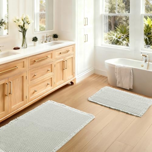 JIUZHEN Set of 2 Waffle Bath Mats Super Absorbent Bath Mat Non Slip Bathroom Rugs for Bathroom Floor Dry Fast Washable Boho Rugs for Beside Tub, 16" x 24" +20" x 32", Cream - color: Cream, size: 16"x24" + 20"x32"