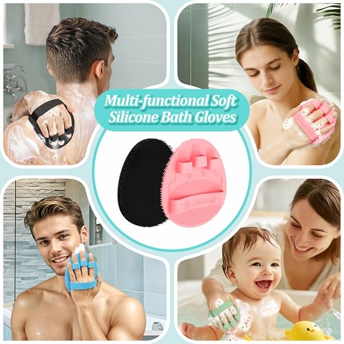 Silicone Back/Body/Face Scrubber & Soft Bath Glove Set 4PCS, Gentle Exfoliating Back & Body Scrubber with Dual-Side Brush Head, Hand-fit Bath Glove & Face Scrubber for Deep Cleaning(Pink-4PC) - color: Pink*4