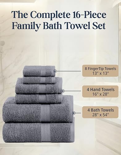 LANE LINEN 100% Cotton Towels Set for Bathroom - 16 Piece Family Pack - Soft, Absorbent & Quick Dry - 4 Bath, 8 Washcloths, 4 Hand Towels - OEKO TEX Certified, Machine Washable & Durable - Cool Grey - color: 03: Cool Grey
