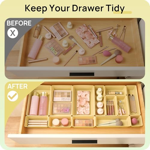 Vtopmart 25 PCS Plastic Drawer Organizers Set, 4-Size Versatile Bathroom and Vanity Drawer Organizer Trays, Storage Bins for Makeup, Bedroom, Kitchen Gadgets Utensils and Office - color: Beige