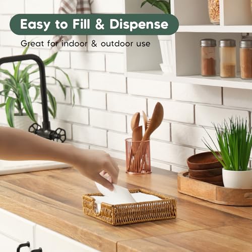 Napkin Holder for Table, Woven Wicker Synthetic Rattan Napkin Holders For Paper Napkins, Napkin Holders for Kitchen Dinner Table Boho Decor and Accessories, Square Napkin Basket and Serving Tray - color: Khaki, size: 7.2"L x 7.2"W x 2.2"H
