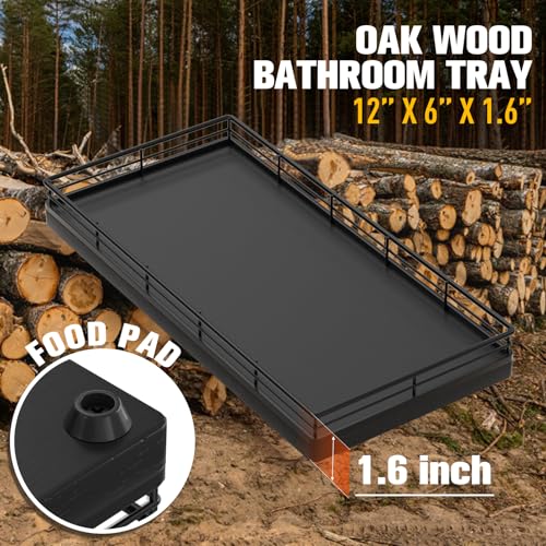 Bathroom Vanity Tray for Countertop, 12" x 6" Oak Wood Toilet Tank Tray | Metal Guardrail, Bathroom Organizer for Soap, Perfume & Skincare, Non-Slip Decorative Tray for Dresser & Vanity, Black - color: Black, size: 12" x 6" x 1.5"