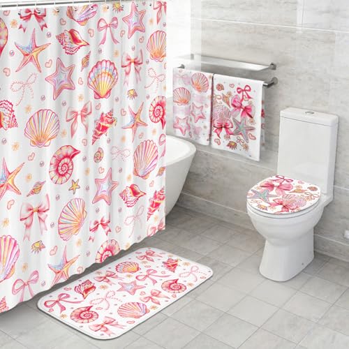 Tatuo 8 Pcs Beach Shower Curtain Set Blue Bow Ocean Summer Beach Party Bathroom Accessories Sets Coquette Starfish Coastal Waterproof Shower Curtain with Towels Carpet Bath Mat Toilet Rugs 12 Hooks - style: Pink Ocean