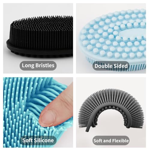 3 Pack Silicone Body Scrubber, Soft Silicone Loofah Silicone Body Brush Exfoliating Body Scrubber, Bath Shower Scrubber for Body, 2 in 1 Bath and Shampoo Wash Brush for Skin Exfoliation Men Women - size: With Handle Black+Blue+Gray